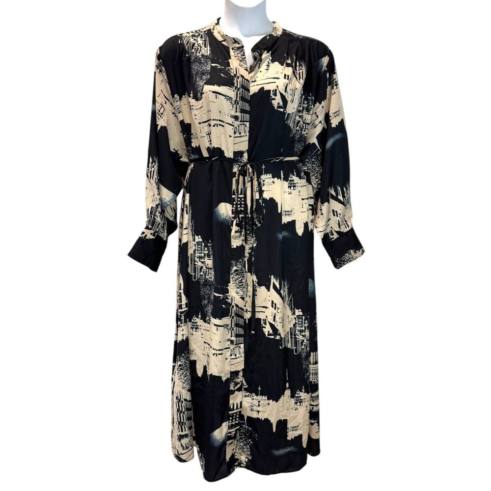 H&M Stockholm Dress Womens XXL Black Beige Satin Abstract Print Tie Belt Midi